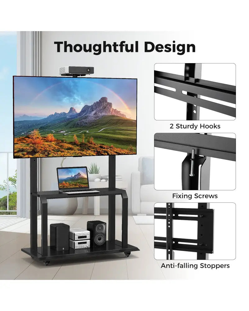Mobile TV Stand with Camera Shelf and AV Shelves for 32-80 Inch Flat/Curved TVs - Black - Entertainment Centers & TV