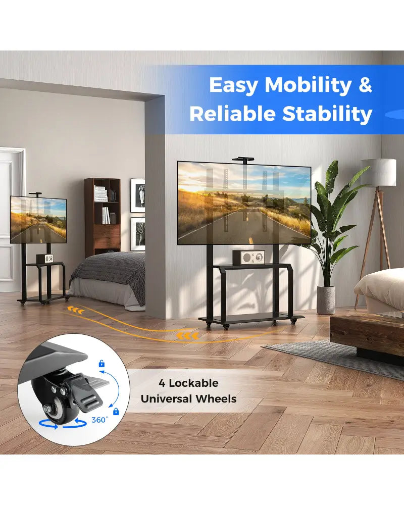 Mobile TV Stand with Camera Shelf and AV Shelves for 32-80 Inch Flat/Curved TVs - Black - Entertainment Centers & TV