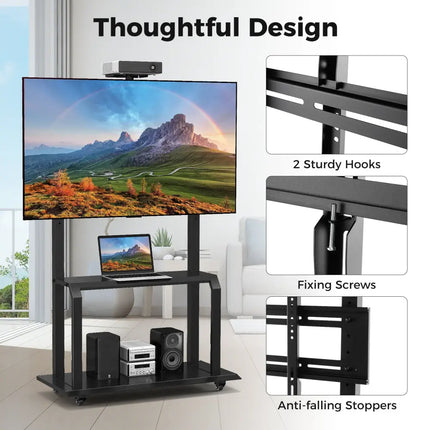 Mobile TV Stand with Camera Shelf and AV Shelves for 32-80 Inch Flat/Curved TVs - Black - Entertainment Centers & TV