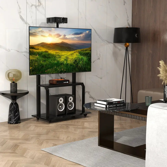 Mobile TV Stand with Camera Shelf and AV Shelves for 32-80 Inch Flat/Curved TVs - Black - Entertainment Centers & TV