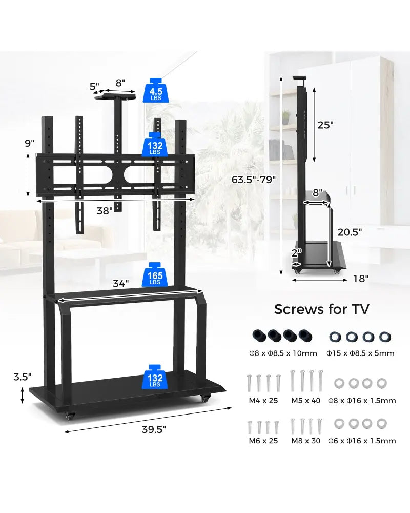 Mobile TV Stand with Camera Shelf and AV Shelves for 32-80 Inch Flat/Curved TVs - Black - Entertainment Centers & TV
