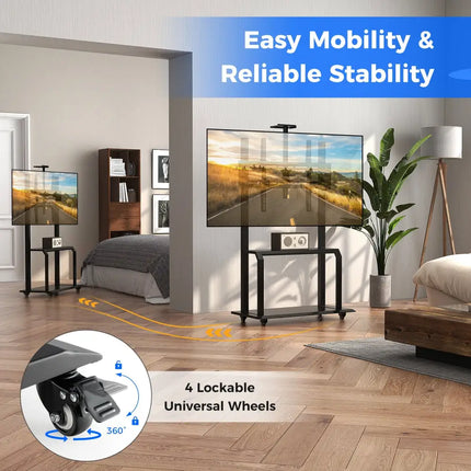Mobile TV Stand with Camera Shelf and AV Shelves for 32-80 Inch Flat/Curved TVs - Black - Entertainment Centers & TV