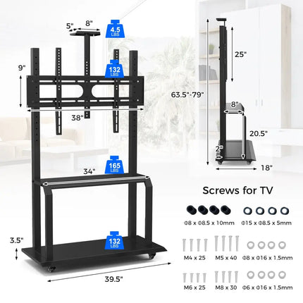 Mobile TV Stand with Camera Shelf and AV Shelves for 32-80 Inch Flat/Curved TVs - Black - Entertainment Centers & TV
