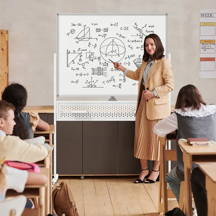 Mobile Whiteboard Adjustable Double-Sided Magnetic Board with Pegboard-White - White - Home Office