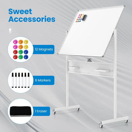 Mobile Whiteboard Adjustable Double-Sided Magnetic Board with Pegboard-White - White - Home Office