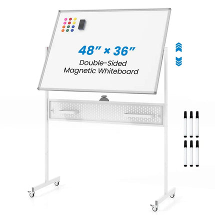 Mobile Whiteboard Adjustable Double-Sided Magnetic Board with Pegboard-White - White - Home Office