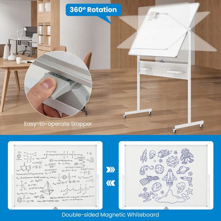 Mobile Whiteboard Adjustable Double-Sided Magnetic Board with Pegboard-White - White - Home Office