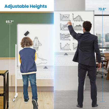 Mobile Whiteboard Adjustable Double-Sided Magnetic Board with Pegboard-White - White - Home Office