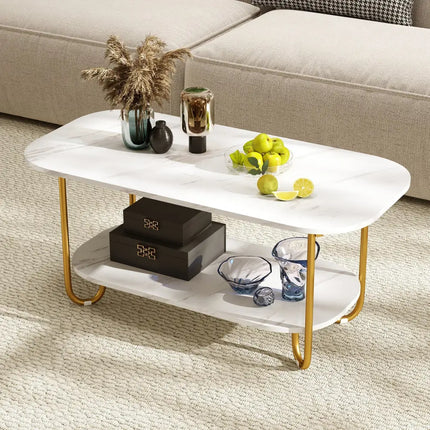 Modern 2-tier Faux Marble Top Coffee Table-White - White - Coffee Tables