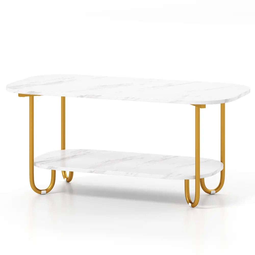 Modern 2-tier Faux Marble Top Coffee Table-White - White - Coffee Tables