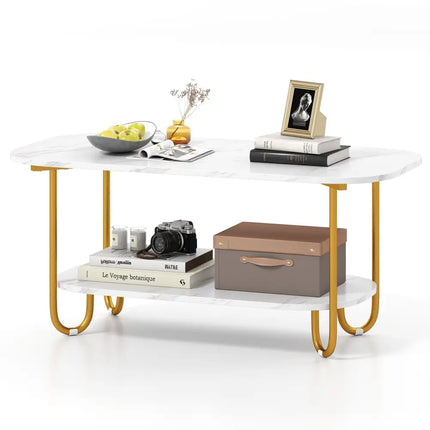 Modern 2-tier Faux Marble Top Coffee Table-White - White - Coffee Tables