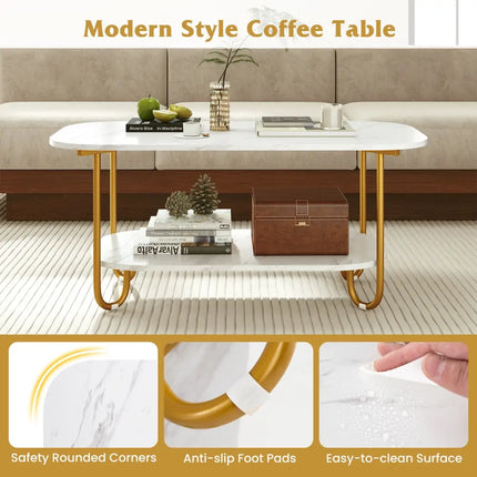 Modern 2-tier Faux Marble Top Coffee Table-White - White - Coffee Tables