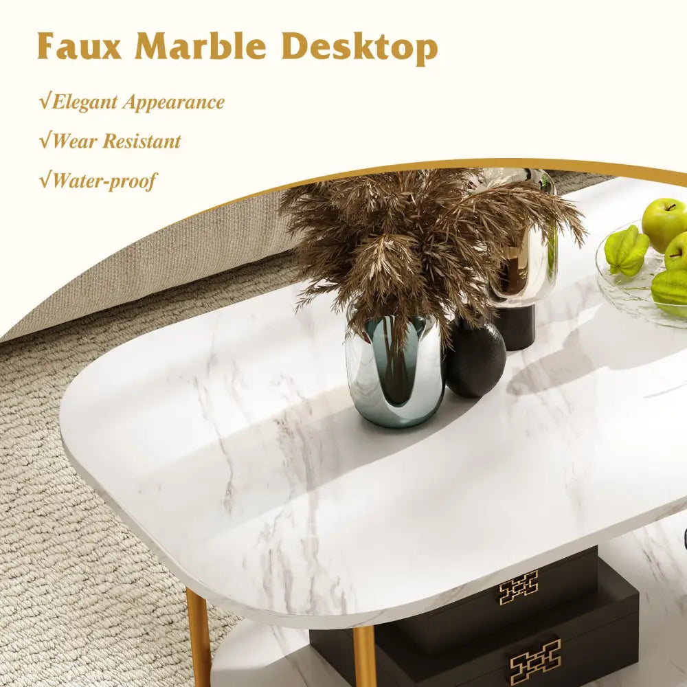 Modern 2-tier Faux Marble Top Coffee Table-White - White - Coffee Tables