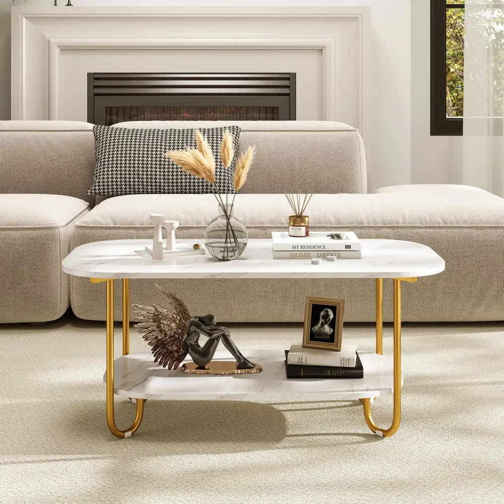 Modern 2-tier Faux Marble Top Coffee Table-White - White - Coffee Tables