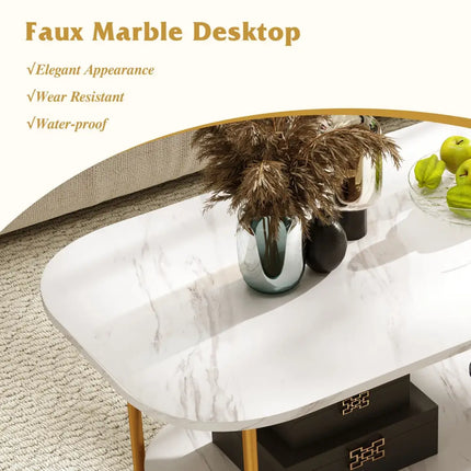 Modern 2-tier Faux Marble Top Coffee Table-White - White - Coffee Tables