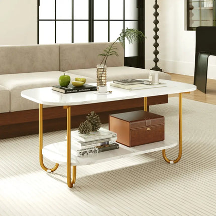 Modern 2-tier Faux Marble Top Coffee Table-White - White - Coffee Tables