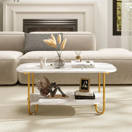 Modern 2-tier Faux Marble Top Coffee Table-White - White - Coffee Tables