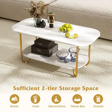 Modern 2-tier Faux Marble Top Coffee Table-White - White - Coffee Tables