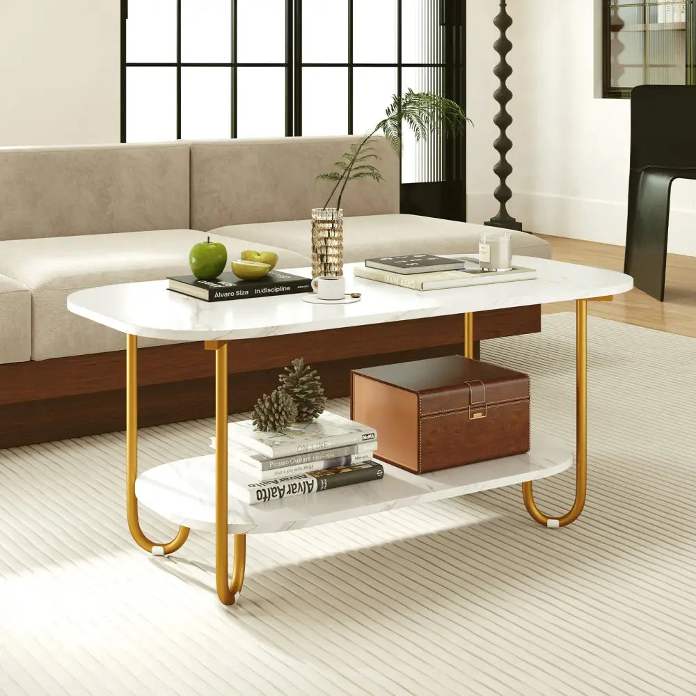 Modern 2-tier Faux Marble Top Coffee Table-White - White - Coffee Tables
