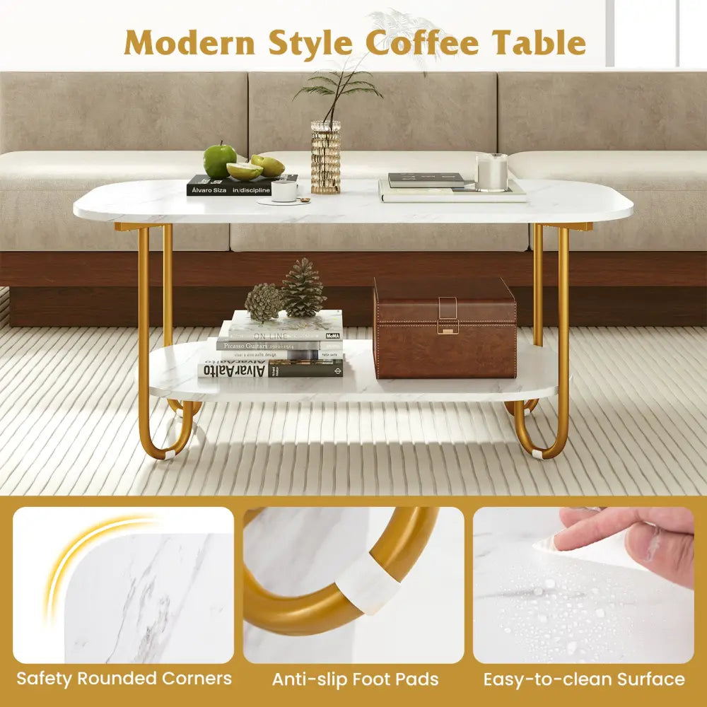 Modern 2-tier Faux Marble Top Coffee Table-White - White - Coffee Tables