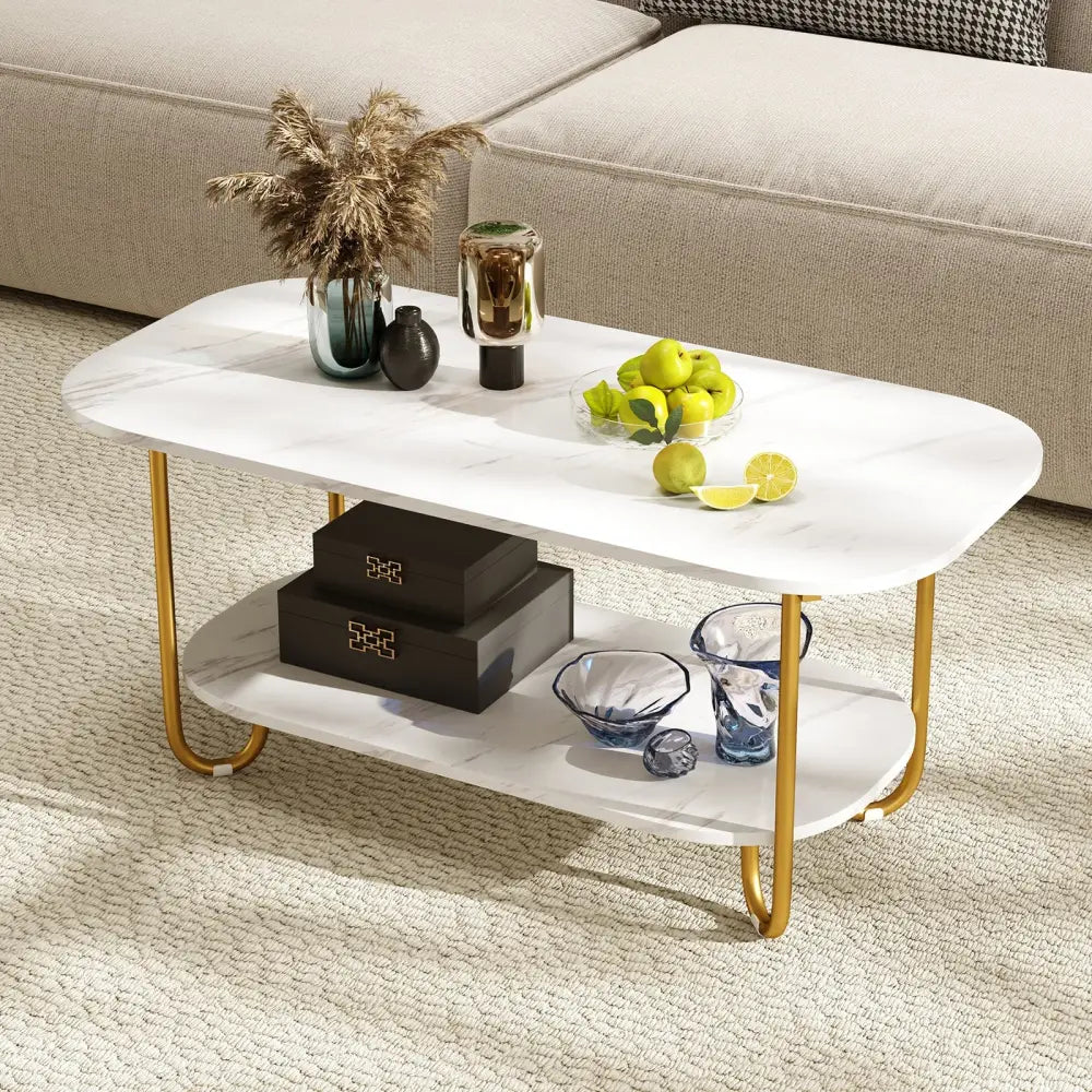 Modern 2-tier Faux Marble Top Coffee Table-White - White - Coffee Tables