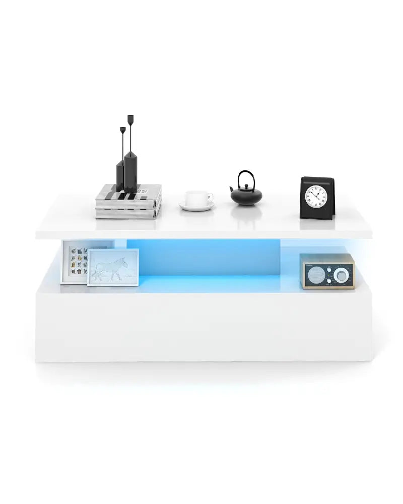 Modern 2-tier High Glossy Table with Adjustable Light Colors for Living Room-White - White - Coffee Tables