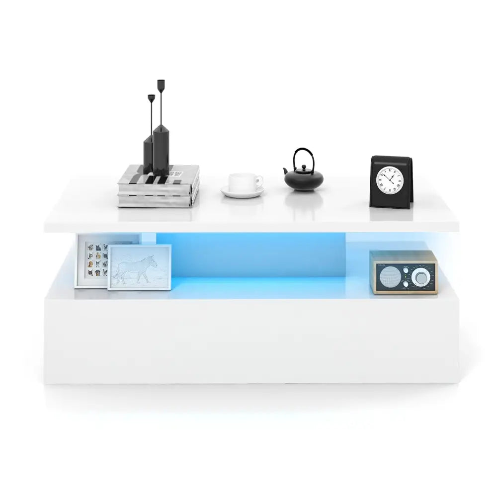 Modern 2-tier High Glossy Table with Adjustable Light Colors for Living Room-White - White - Coffee Tables