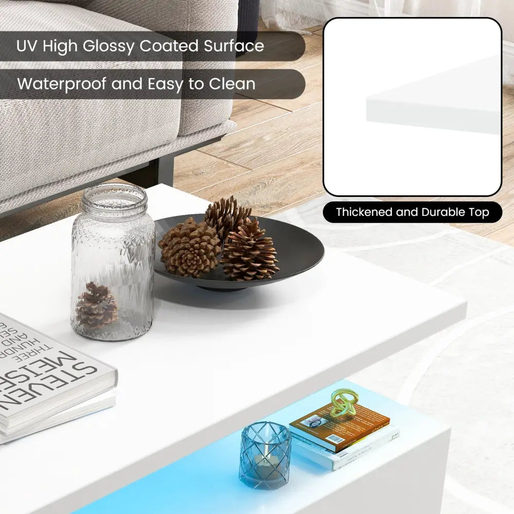 Modern 2-tier High Glossy Table with Adjustable Light Colors for Living Room-White - White - Coffee Tables