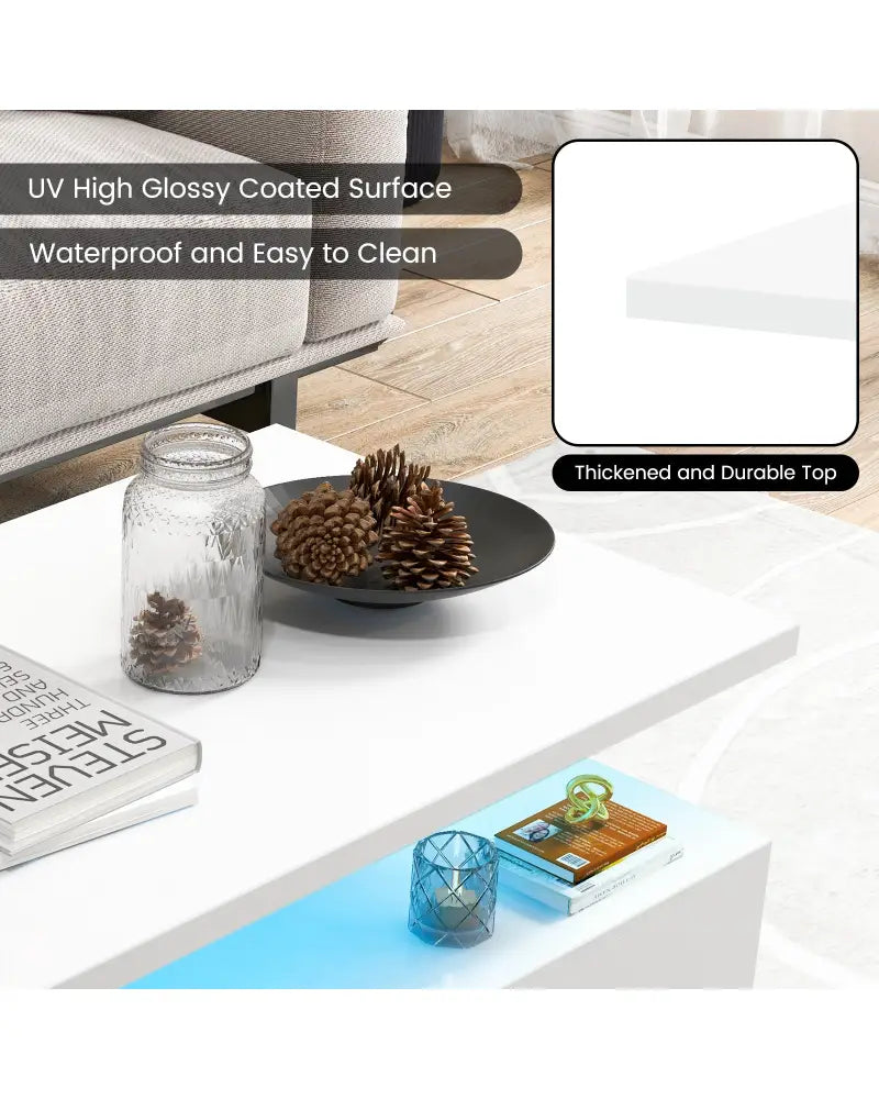 Modern 2-tier High Glossy Table with Adjustable Light Colors for Living Room-White - White - Coffee Tables