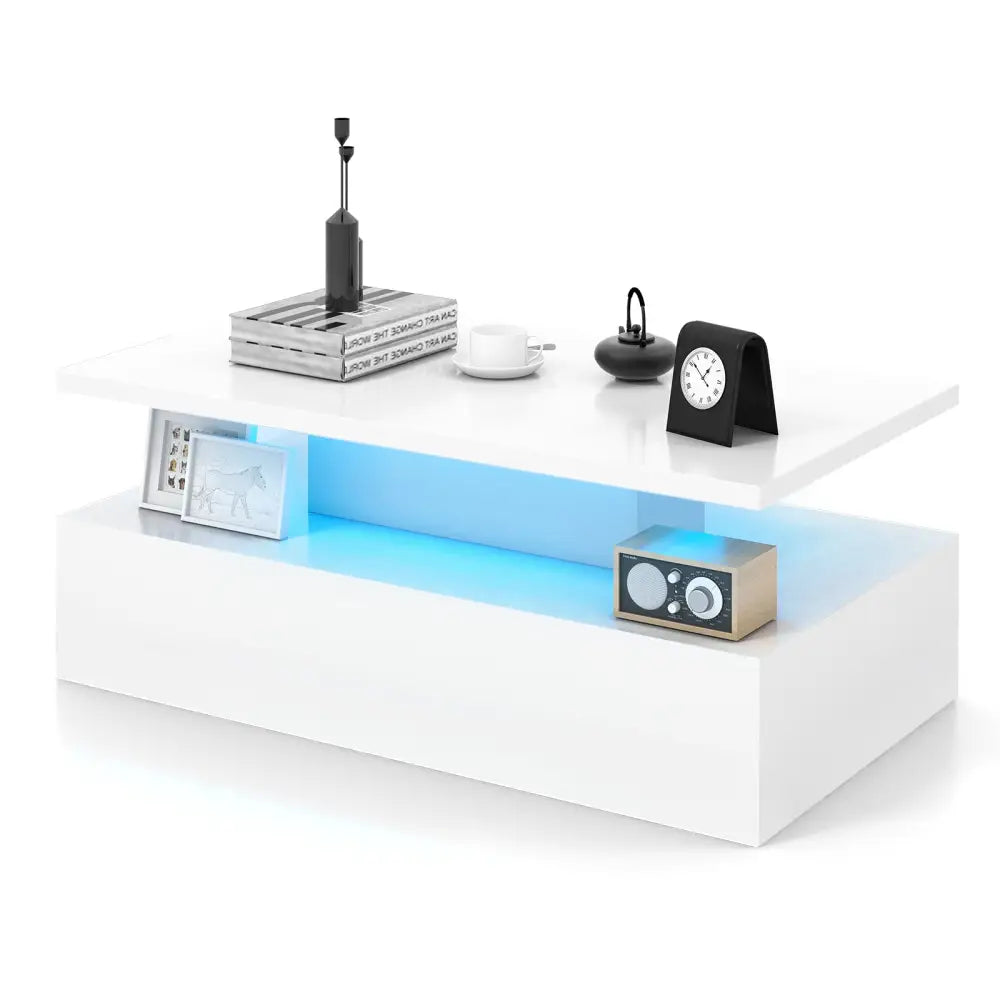 Modern 2-tier High Glossy Table with Adjustable Light Colors for Living Room-White - White - Coffee Tables