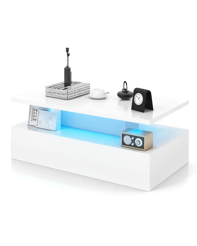 Modern 2-tier High Glossy Table with Adjustable Light Colors for Living Room-White - White - Coffee Tables