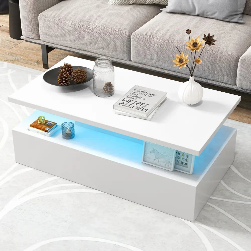 Modern 2-tier High Glossy Table with Adjustable Light Colors for Living Room-White - White - Coffee Tables