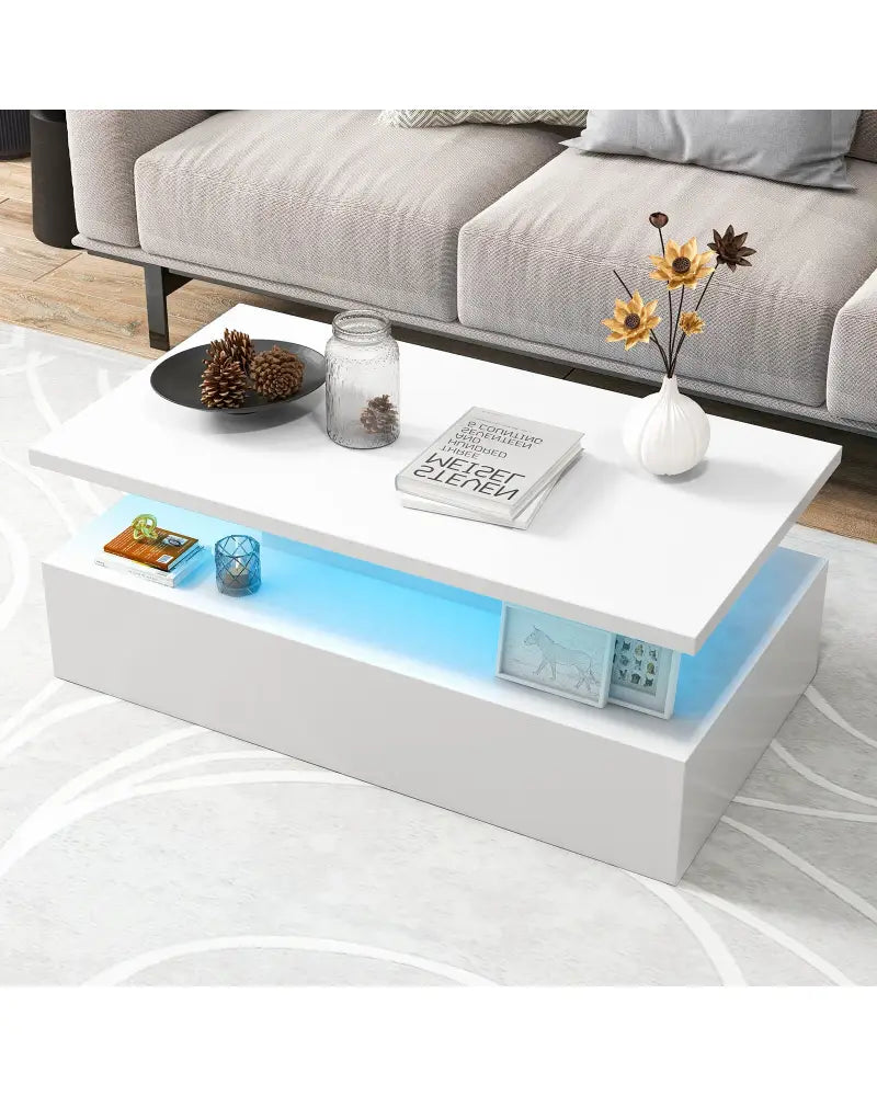 Modern 2-tier High Glossy Table with Adjustable Light Colors for Living Room-White - White - Coffee Tables