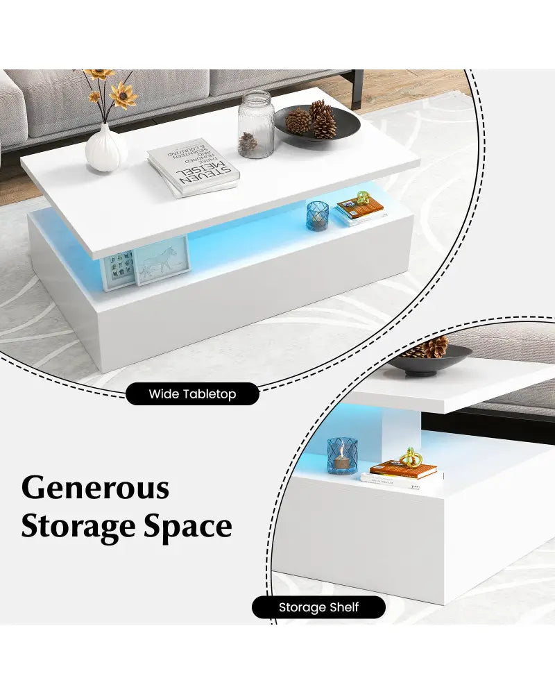 Modern 2-tier High Glossy Table with Adjustable Light Colors for Living Room-White - White - Coffee Tables