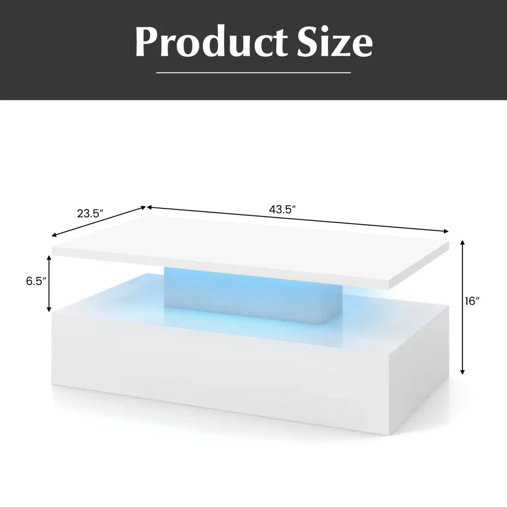Modern 2-tier High Glossy Table with Adjustable Light Colors for Living Room-White - White - Coffee Tables
