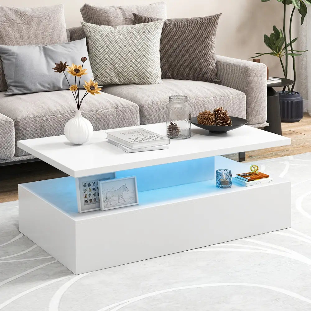 Modern 2-tier High Glossy Table with Adjustable Light Colors for Living Room-White - White - Coffee Tables