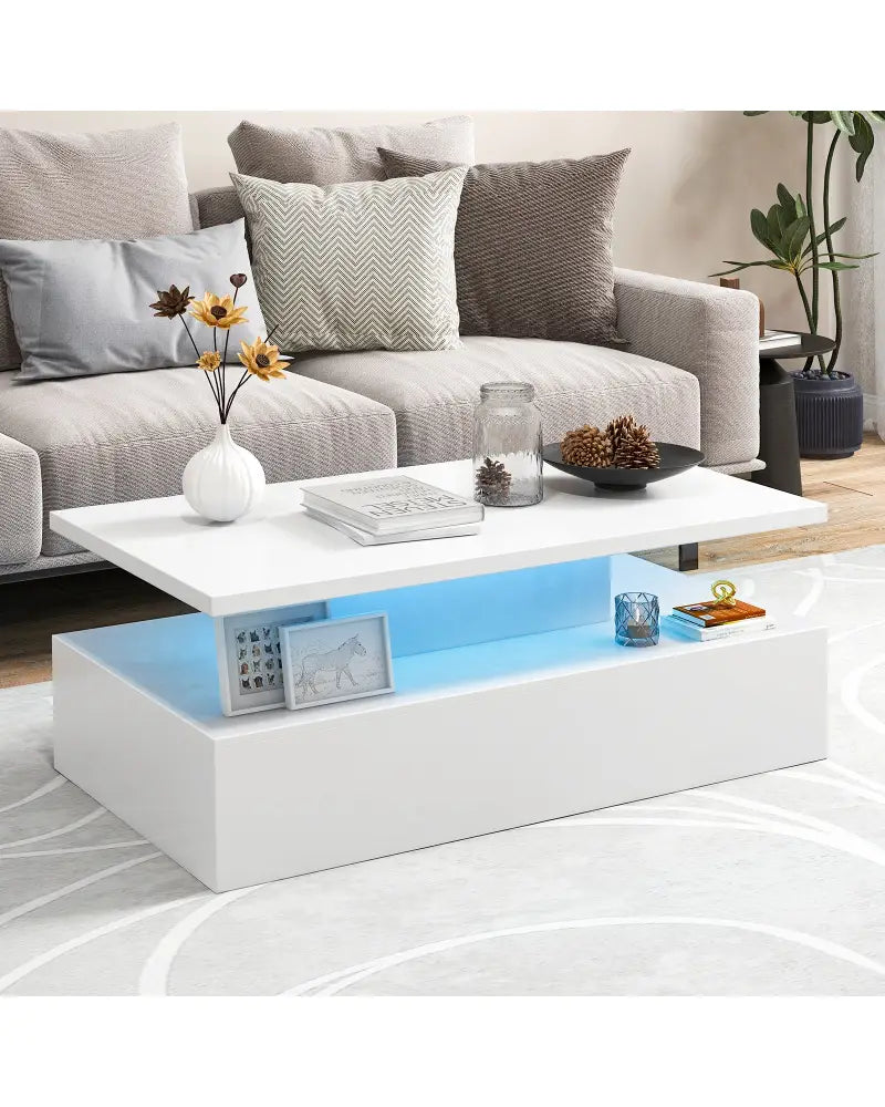 Modern 2-tier High Glossy Table with Adjustable Light Colors for Living Room-White - White - Coffee Tables