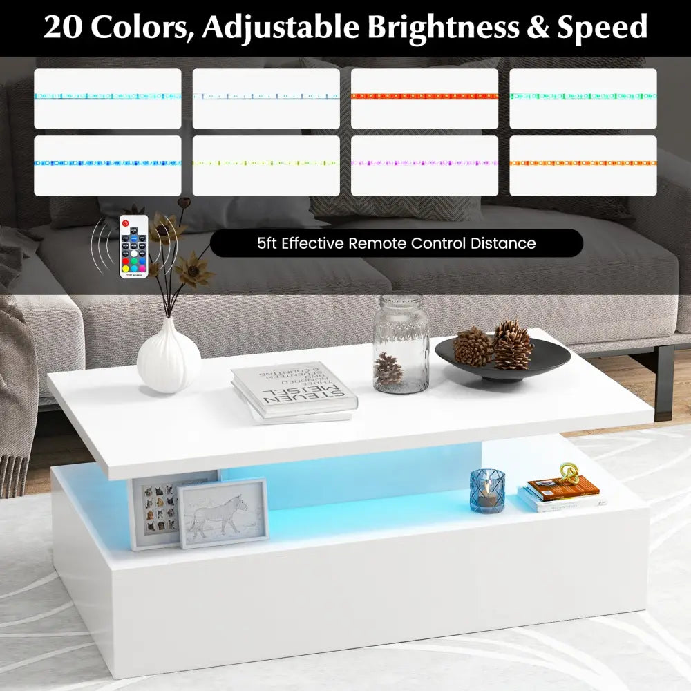 Modern 2-tier High Glossy Table with Adjustable Light Colors for Living Room-White - White - Coffee Tables