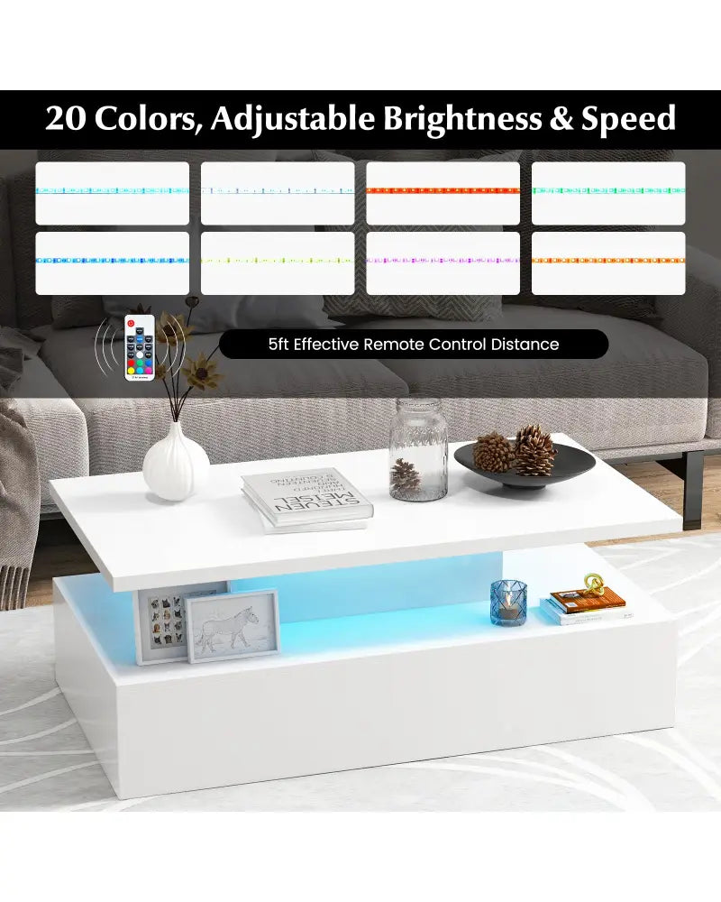 Modern 2-tier High Glossy Table with Adjustable Light Colors for Living Room-White - White - Coffee Tables