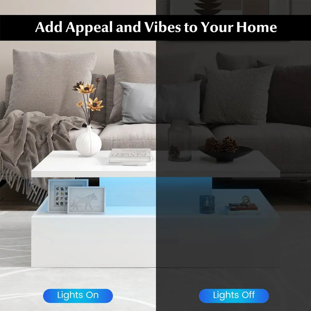 Modern 2-tier High Glossy Table with Adjustable Light Colors for Living Room-White - White - Coffee Tables