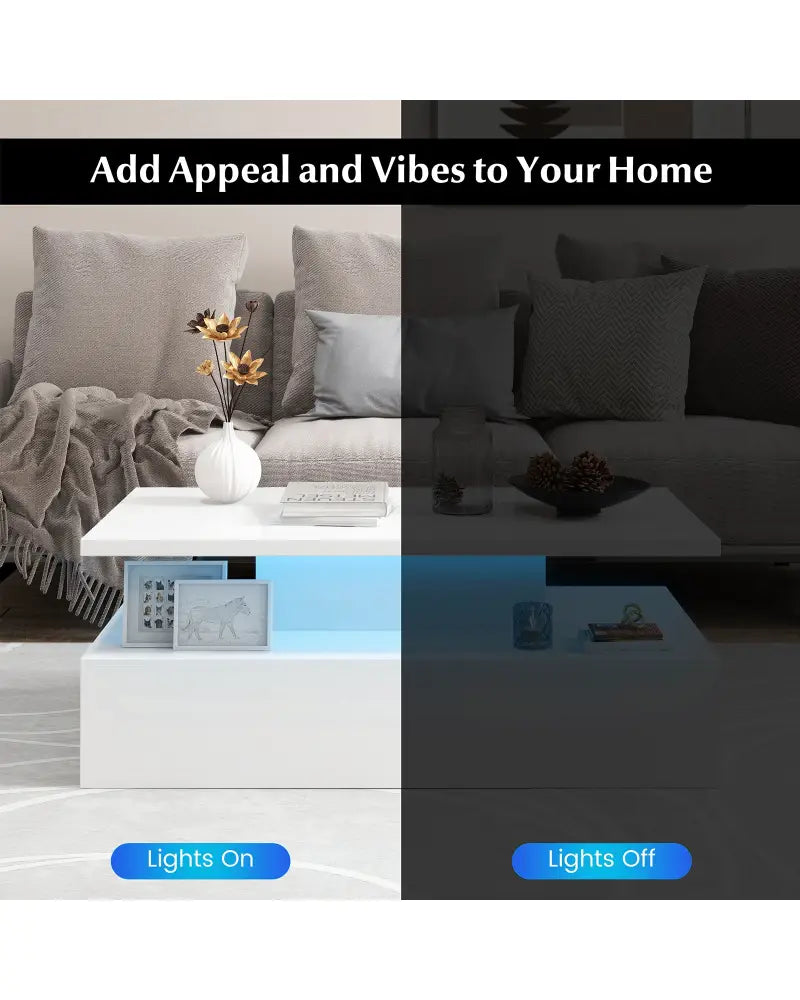 Modern 2-tier High Glossy Table with Adjustable Light Colors for Living Room-White - White - Coffee Tables