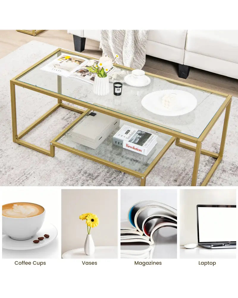 Modern 2-Tier Rectangular Coffee Table with Glass Table Top-Golden - Golden - Coffee Tables