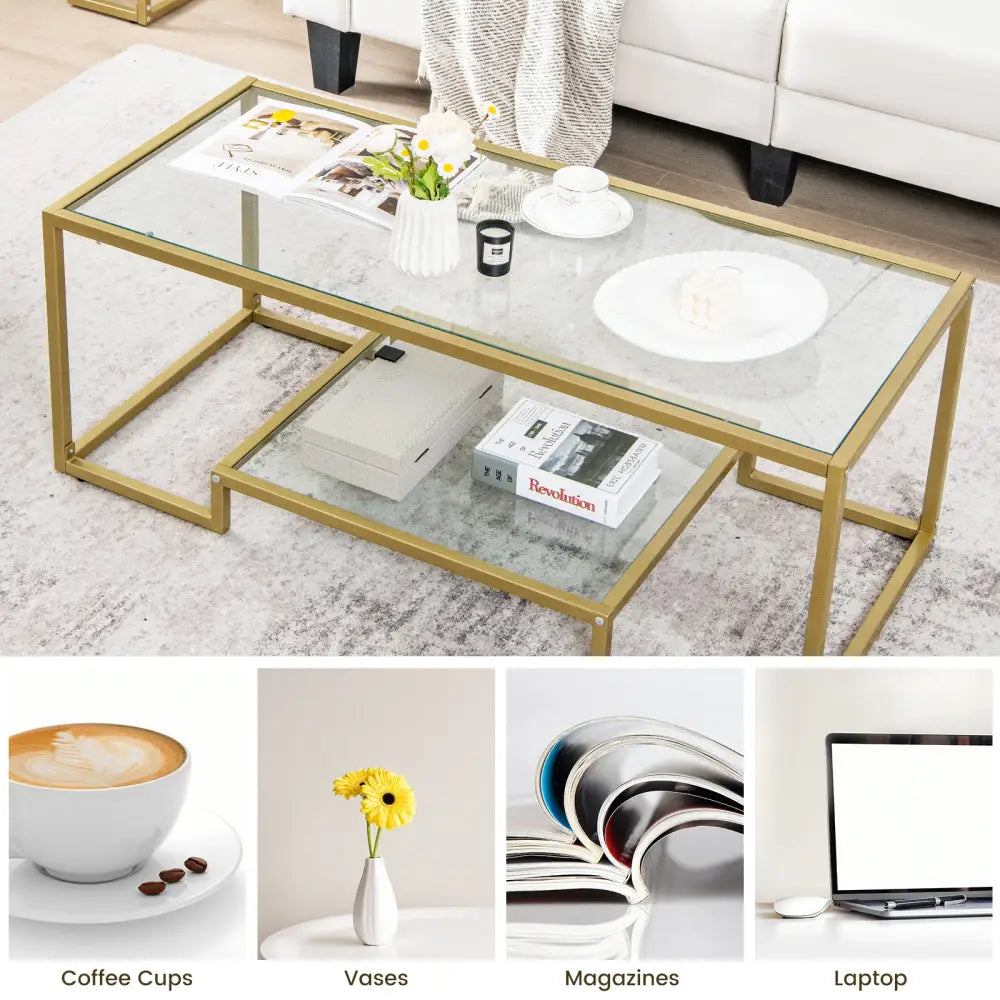 Modern 2-Tier Rectangular Coffee Table with Glass Table Top-Golden - Golden - Coffee Tables