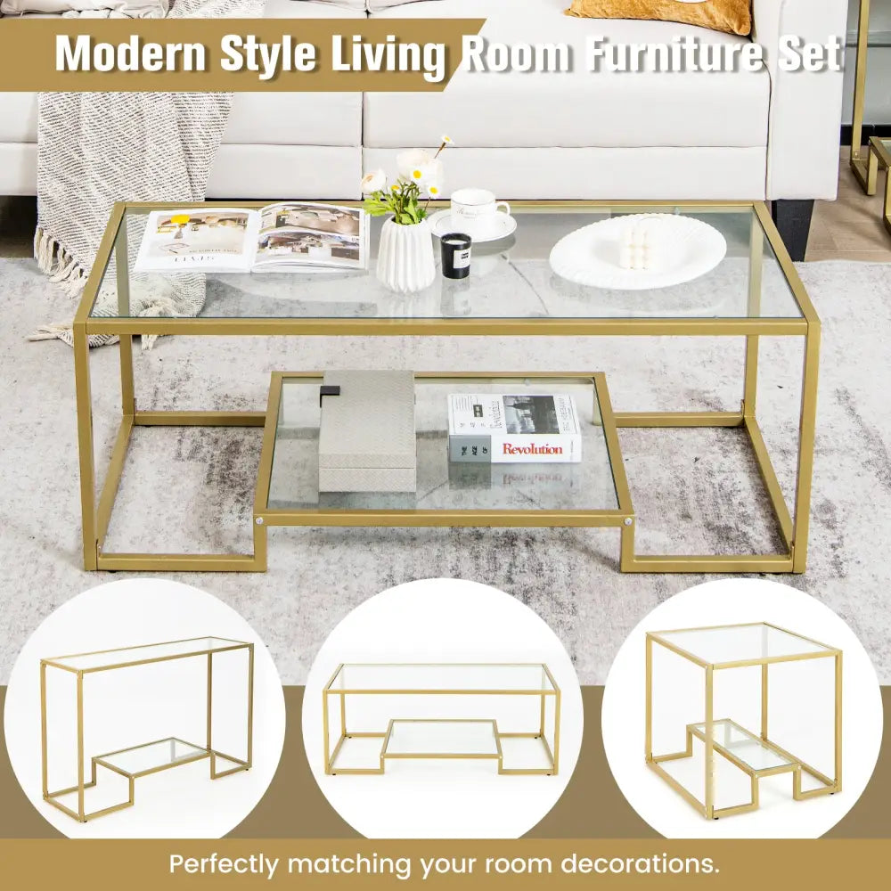 Modern 2-Tier Rectangular Coffee Table with Glass Table Top-Golden - Golden - Coffee Tables