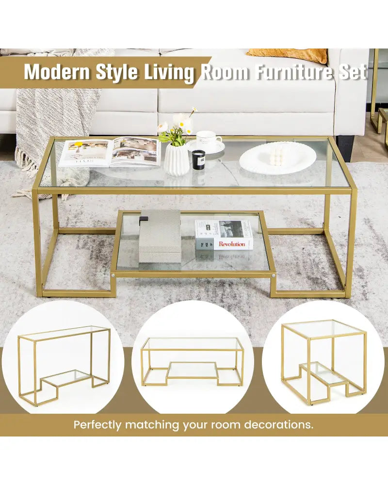 Modern 2-Tier Rectangular Coffee Table with Glass Table Top-Golden - Golden - Coffee Tables