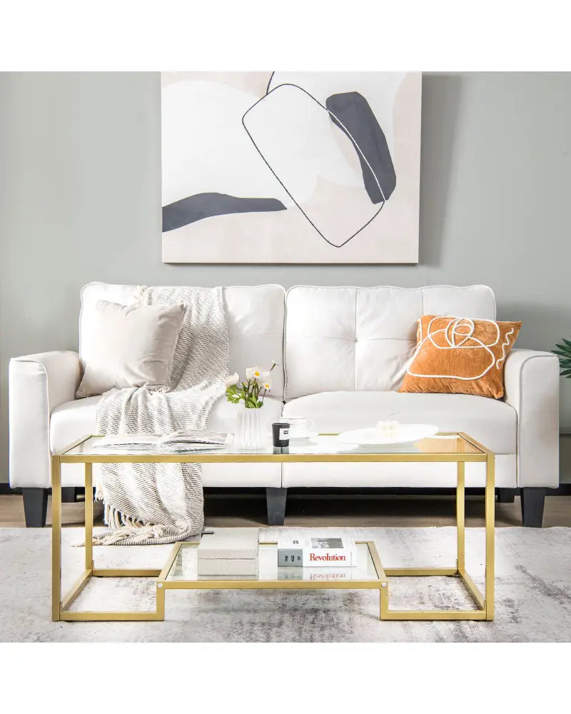 Modern 2-Tier Rectangular Coffee Table with Glass Table Top-Golden - Golden - Coffee Tables