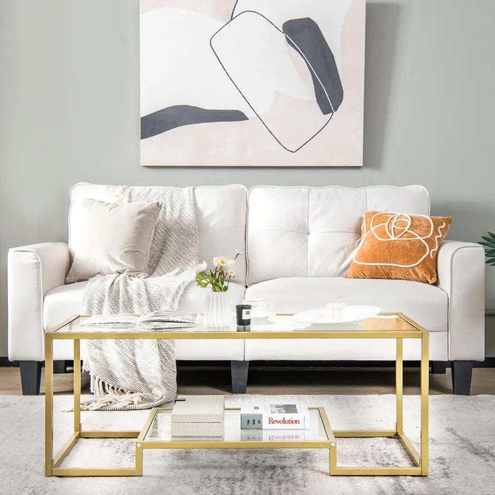 Modern 2-Tier Rectangular Coffee Table with Glass Table Top-Golden - Golden - Coffee Tables