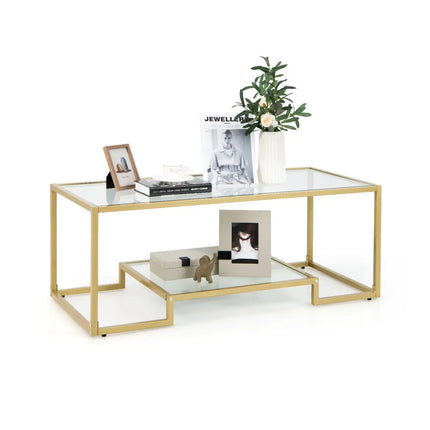 Modern 2-Tier Rectangular Coffee Table with Glass Table Top-Golden - Golden - Coffee Tables