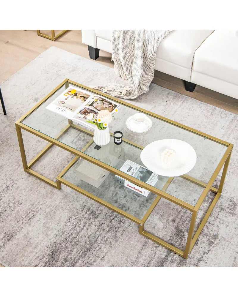 Modern 2-Tier Rectangular Coffee Table with Glass Table Top-Golden - Golden - Coffee Tables