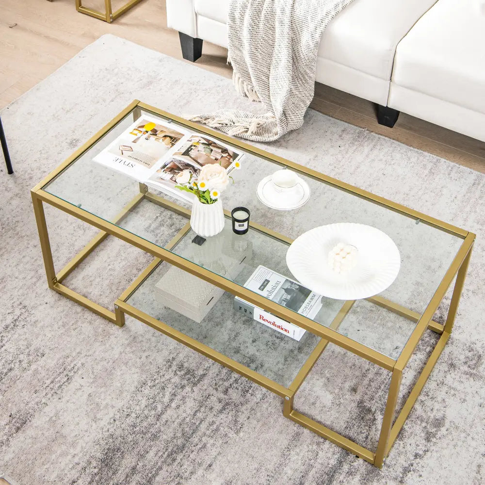 Modern 2-Tier Rectangular Coffee Table with Glass Table Top-Golden - Golden - Coffee Tables
